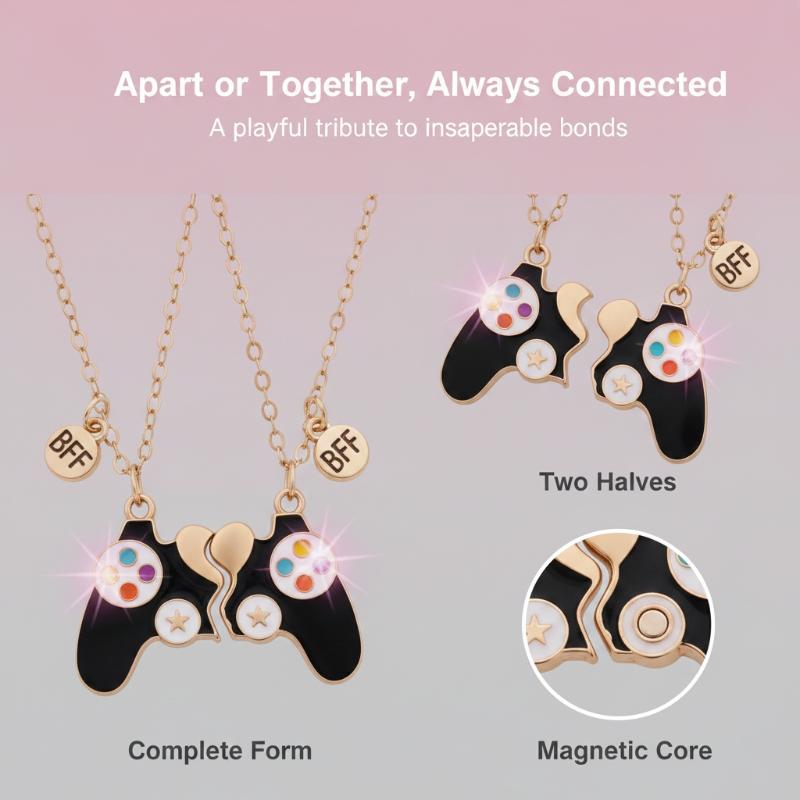Magnetic Couple Matching Necklaces - 2個入り、磁石でくっつくゲームコントローラー型ペアペンダントネックレス。恋人同士で身に着けるのにぴったりの、かわいらしいお揃いのアクセサリー。