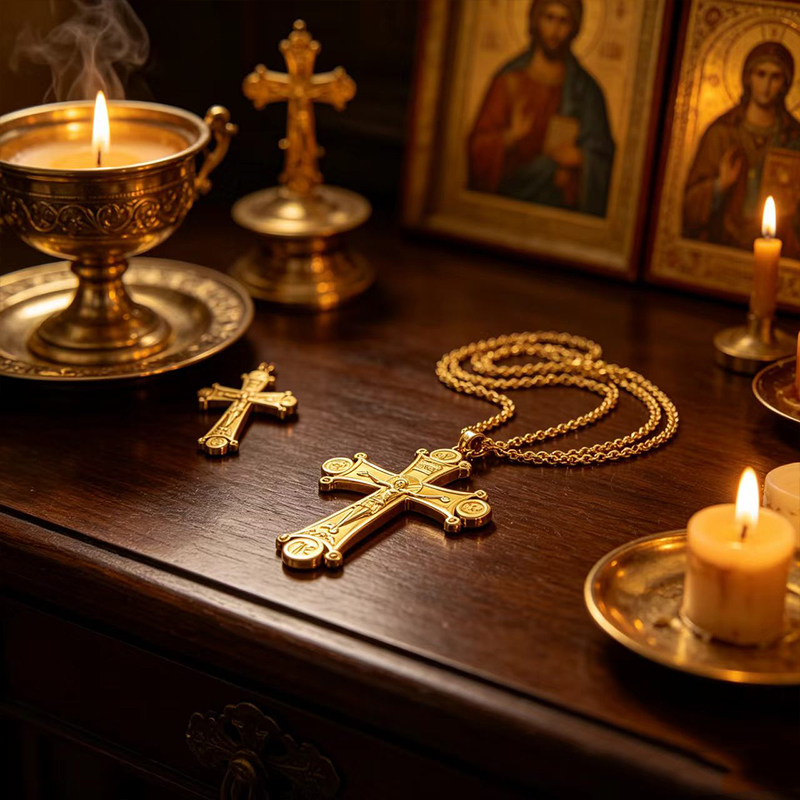 Cross Pendant Necklace Gold - プレミアム正教会十字架ネックレス 金銀メッキ イエス・キリストの十字架ペンダント 120cmチェーン 宗教ジュエリー 礼拝用ギフト