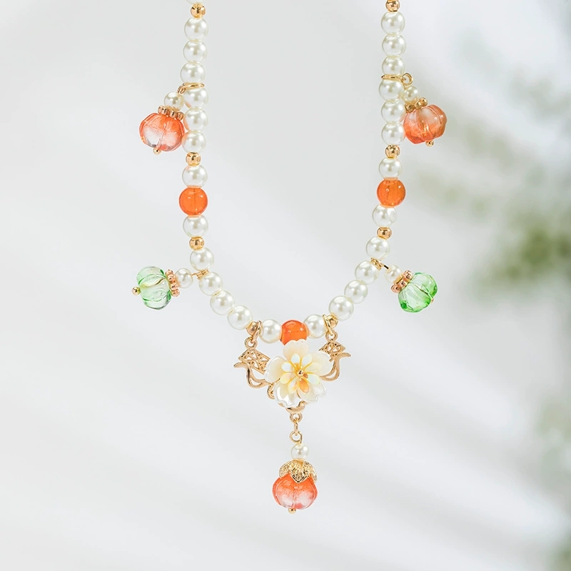 Pearl Choker Necklace Vintage - ヴィンテージパールネックレスカボチャペンダント中国韓服ウェディングアクセサリー赤青ビーズフラワーチョーカークラシックネックジュエリー