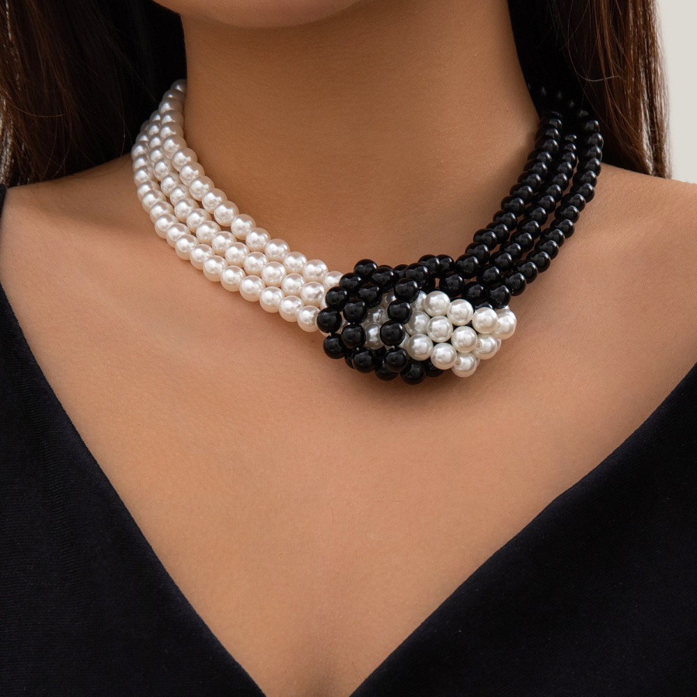 Pearl Choker Necklace Vintage - ファッションレトロ黒白ステッチノット多層模造パールビーズネックレス女性のためのパーティードレスチョーカーチャームジュエリー