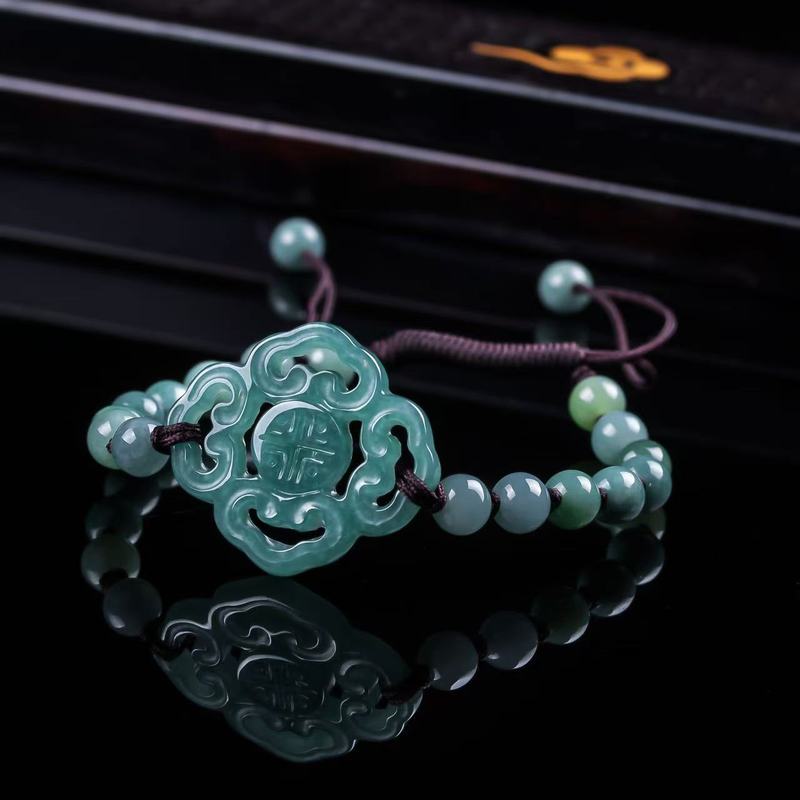 Bracelets - 天然ジェダイトAグレードブレスレット オリジナルデザイン ファッションブルーウォーターアイスタイプ ラウンドビーズジュエリー 男女兼用