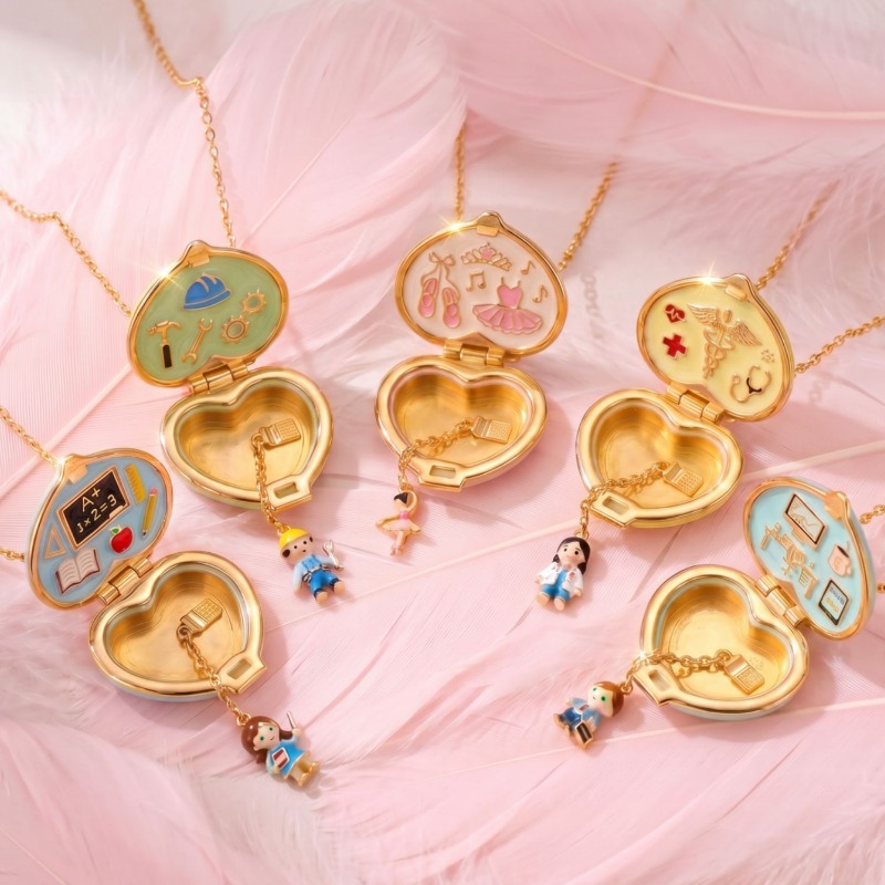 Heart Locket Necklace Photo - ヴィンテージハート型フォトロケットネックレス カラフルエナメル製 開閉可能なペンダント 漫画キャラクターチャーム ネックチェーン レディースジュエリー