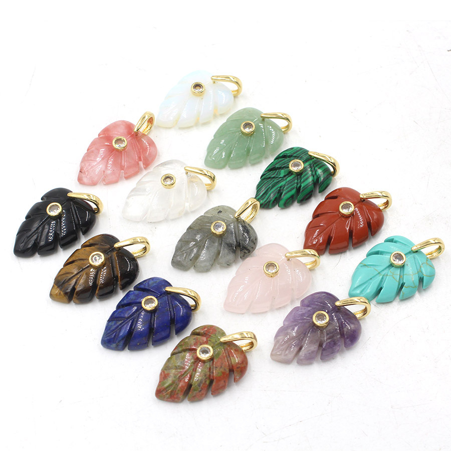 Crystal Pendant Necklace Natural Stone - 天然ヒーリングクリスタルリーフペンダント ジルコン天然石チャーム付き ジュエリー作成 DIY ネックレス エネルギー宝石アクセサリー