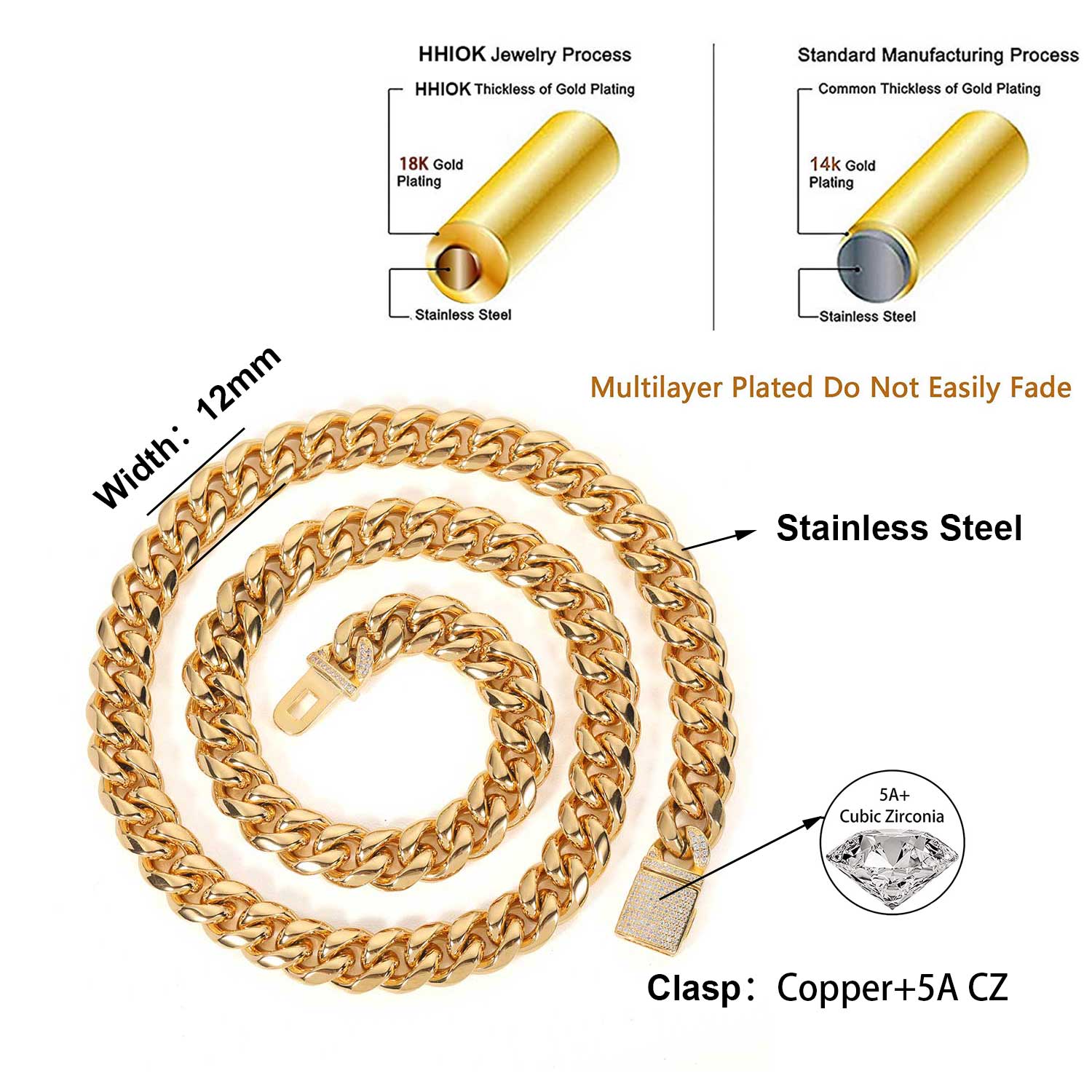 女性用ステンレススチールミターネックレススチールと金メッキク - Cuban Link Chain 12Mm のレビューと価格