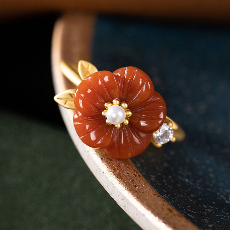 赤天然翡翠の花の指輪高級石調節可能なリングファッションアクセ - Rings のレビューと価格