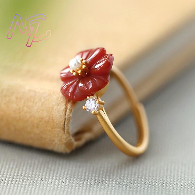赤天然翡翠の花の指輪高級石調節可能なリングファッションアクセ - Rings のレビューと価格