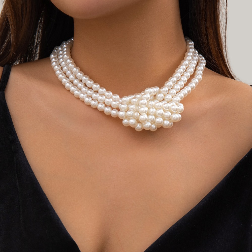 ファッションレトロ黒白ステッチノット多層模造パールビーズネッ - Pearl Choker Necklace Vintage のレビューと価格