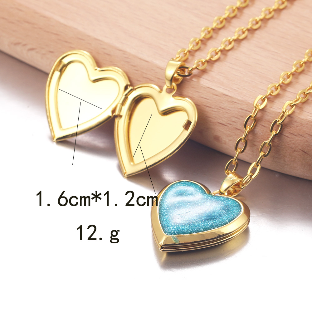 ゴールドカラーの愛のエナメルフォトフレームペンダントネックレ - Heart Locket Necklace Photo のレビューと価格