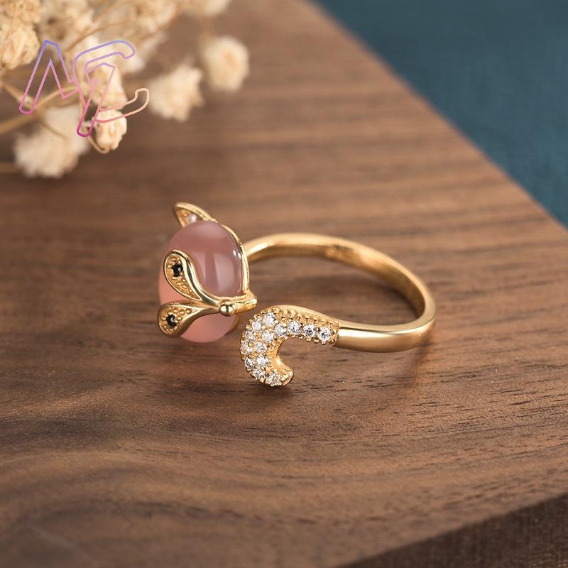 ピンク天然翡翠キツネリング本物のジュエリーお守りヴィンテージ - Rings のレビューと価格